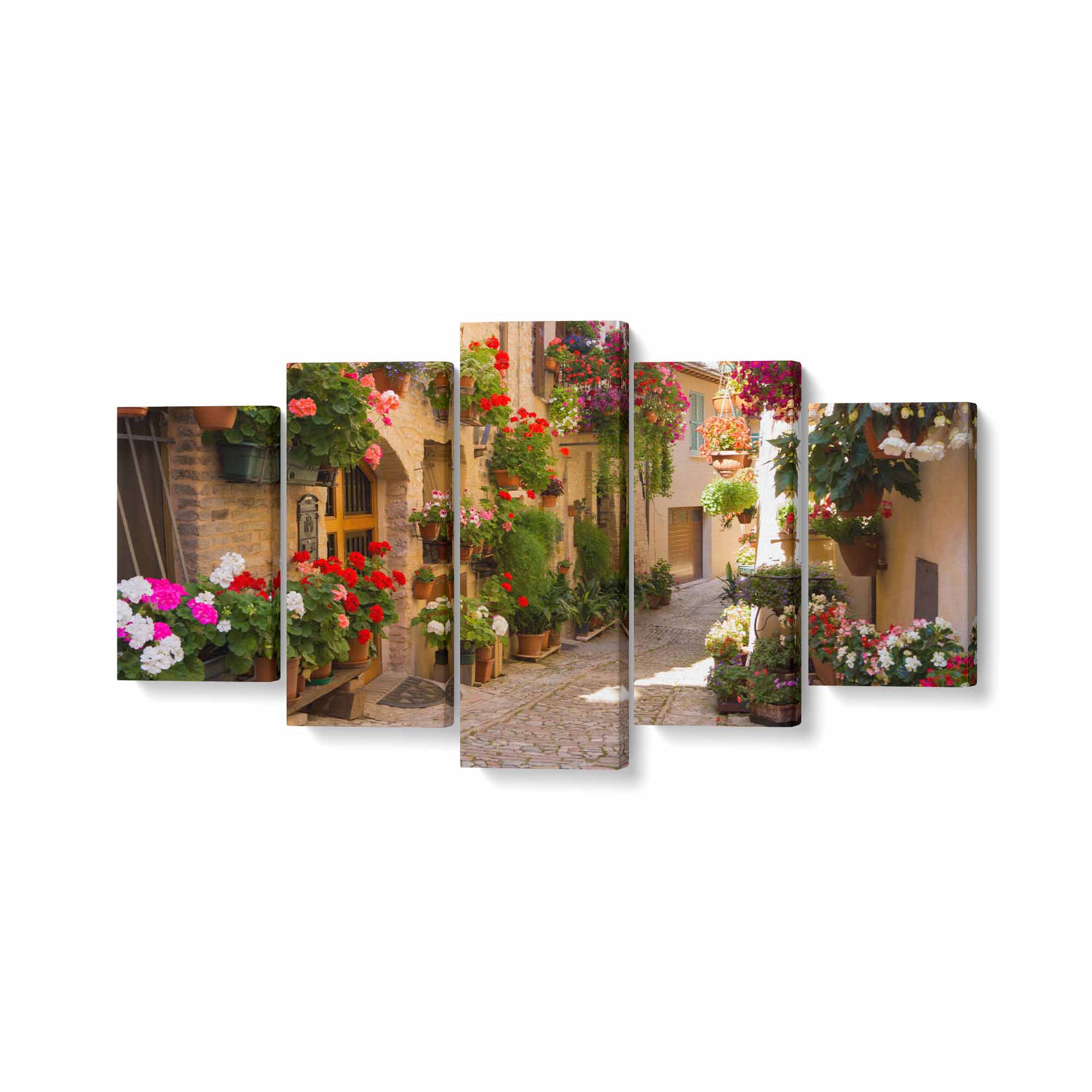 Tablou MultiCanvas 5 piese, Alee Medievală cu Flori în Spello - canvasgift.ro